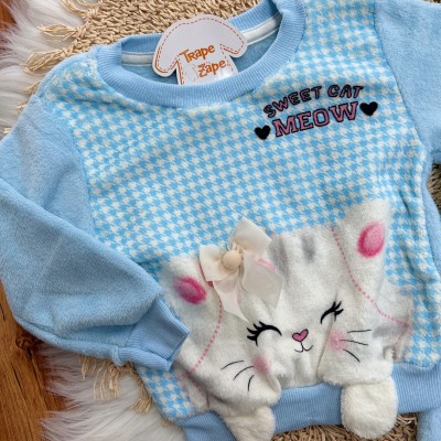 Conj. Casaco Sweet Cat Meow e Calça de Pelinho - Azul Bebê